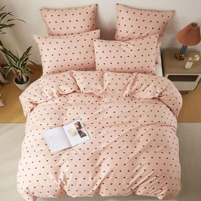 Nyescasa bedding 135x200 pink heart pattern 100% cotton girls children's heart bedding set with zipper, 1 duvet cover 135x200 and 1 pillowcase 80x80 cm