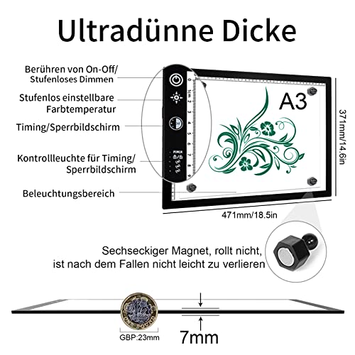 LED Light Pad A3, ultra-thin light pad with Type-C interface, featuring timing function, adjustable brightness and color temperature. Comes with USB cable, ideal for diamond painting, drawing, sketching.