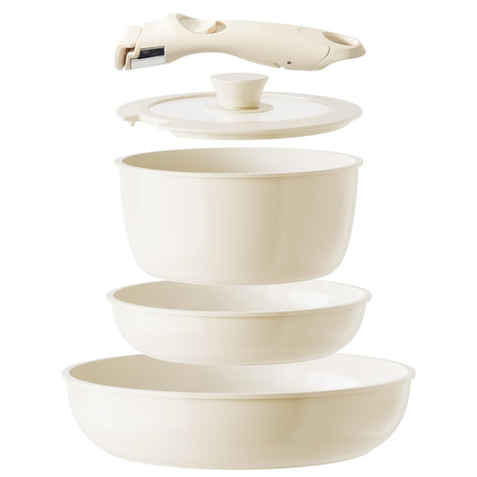 Redchef Ceramic Pan Set with Detachable Handle, RV Cookware Set for Camping, Ceramic Non-Toxic Pot and Pan Set, PTFE-free PFAS-free PFOA-free, Space-Saving Dishwasher Safe.