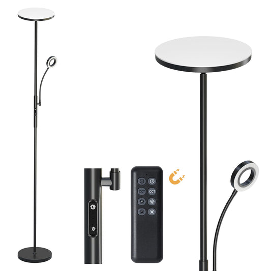 35W LED Floor Lamp Dimmable Black, 4200LM Reading Lamp with Remote Control & Touch Control, 3000-6000K LED Torchiere with Reading Lamp, Floor Lamps for Living Room Bedroom Office