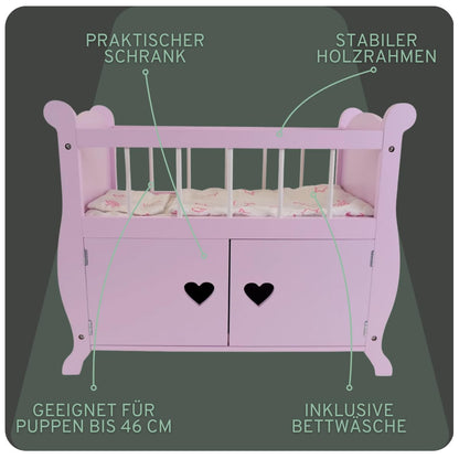 Bandits & Angels wooden doll bed Sweetheart with wardrobe pink - Suitable for dolls up to 46 cm - Includes blanket - Doll furniture.