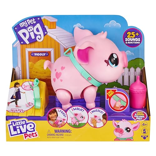 Little Live Pets - My Pet Pig, a cuddly interactive toy pig that walks, dances, and nuzzles. Featuring 20+ sounds and reactions. Batteries included. Ideal for kids ages 4 and up. Pink color.