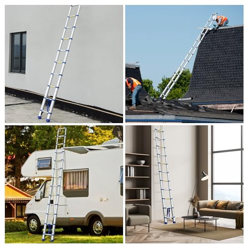 4.7m telescoping ladder with non-slip feet, made of aluminum for lightweight convenience. Portable attic ladder for heavy duty RV use, household, and outdoor work. Available in blue.