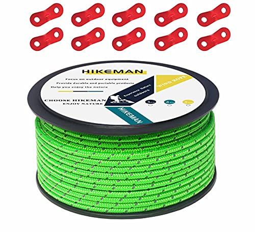 HIKIMAN 50m reflective guyline, sturdy braided nylon camping rope with aluminum tensioner, adjuster, tent accessory for outdoor travel, hiking, backpacking, and water activities.