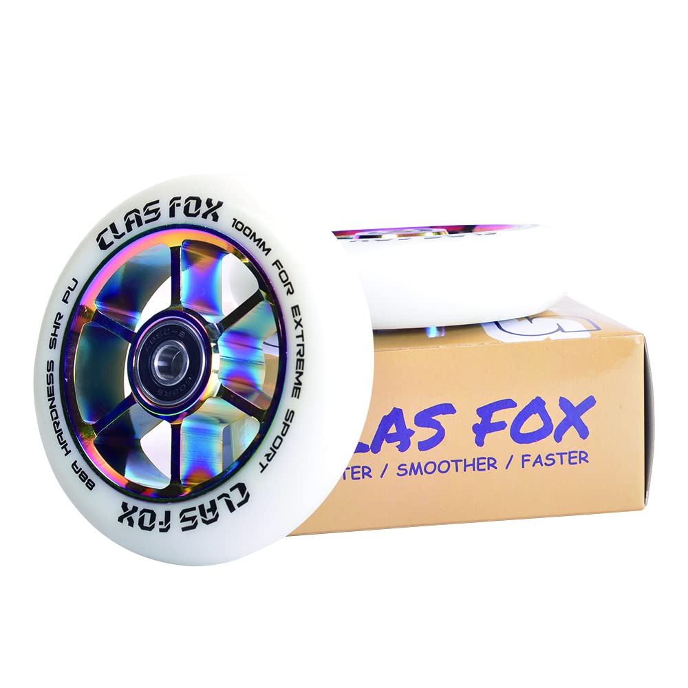 CLAS FOX Pro Stunt Scooter Wheels 100mm One Pair with ABEC-9 Bearings CNC Metal Core Graviti (2 pieces) (White-Rainbow)