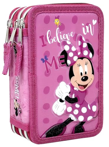 Clondo Triple Filled Pencil Case for Kids, for Minnie fans, girls, 44 school supplies, 3 zippers, colored pencils, markers