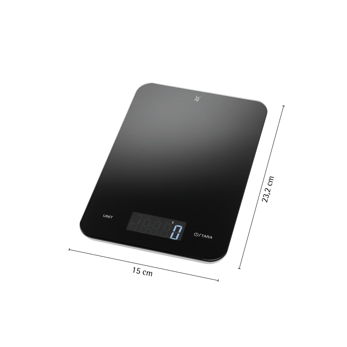 WMF Digital Kitchen Scale black 23 x 15 x 2 cm, baking scale, household scale, digital kitchen scale, safety glass, precise to the gram, tare function, 5kg maximum weight, black