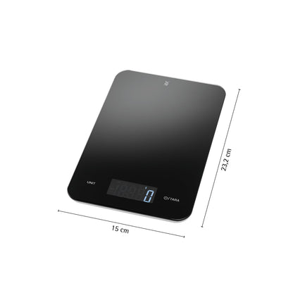 WMF Digital Kitchen Scale black 23 x 15 x 2 cm, baking scale, household scale, digital kitchen scale, safety glass, precise to the gram, tare function, 5kg maximum weight, black