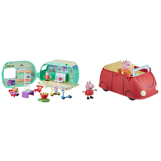 Peppa Pig Peppa's Camper Van Playset & Peppa's Adventures Peppa's Red Family Car Preschool Toy, language and sound effects, includes 2 figures, suitable for ages 3 and up.