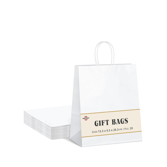 Switory 20 pieces White Kraft Paper Bag, Kraft Gift Bag with Handle, Paper Bags, Gift Bags for Shopping, Weddings, Packaging, Parties, Birthdays, Christmas (13.3 x 9.5 x 20.3 cm)