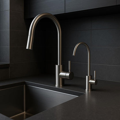 AORA® One-Way Faucet Solid Stainless Steel SOFIA compatible with AMWAY eSPRING water filter and other filter systems | Non-pressure Single Handle Faucet | Outlet tap for osmosis system | (Solid Stainless Steel SOFIA)