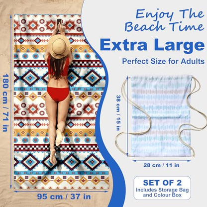 Microfiber beach towels for adults, 2 pieces, 180 × 95 cm, sand-free & lightweight beach towel with storage bag, 250 gsm, quick absorbing and fast drying beach towel, box for storage