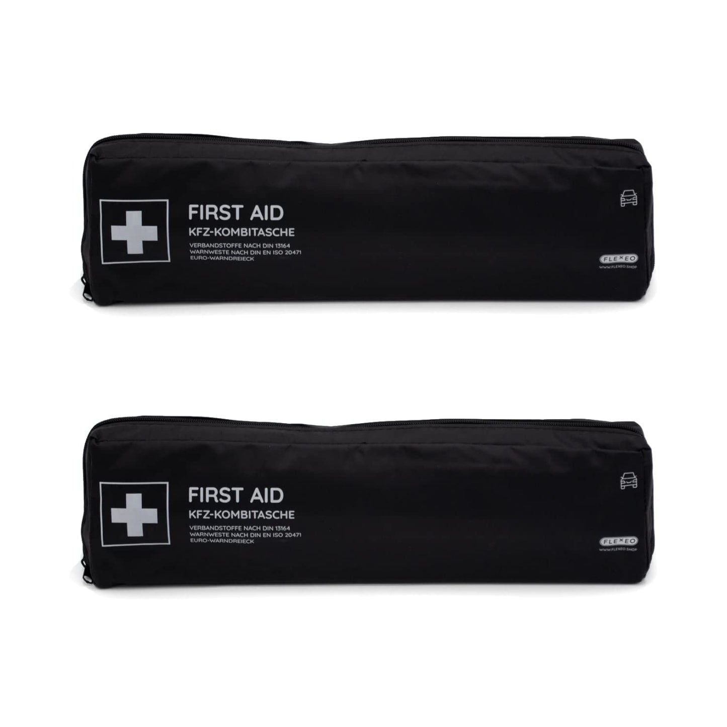 Vehicle first aid kit including warning triangle and high-visibility vest according to current DIN 13164:2022 | Valid for 2025 | First aid kit for car/motorcycle | black | long format