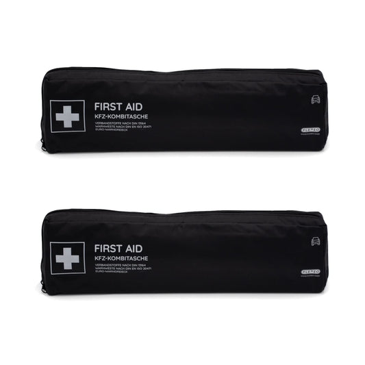 Vehicle first aid kit including warning triangle and high-visibility vest according to current DIN 13164:2022 | Valid for 2025 | First aid kit for car/motorcycle | black | long format