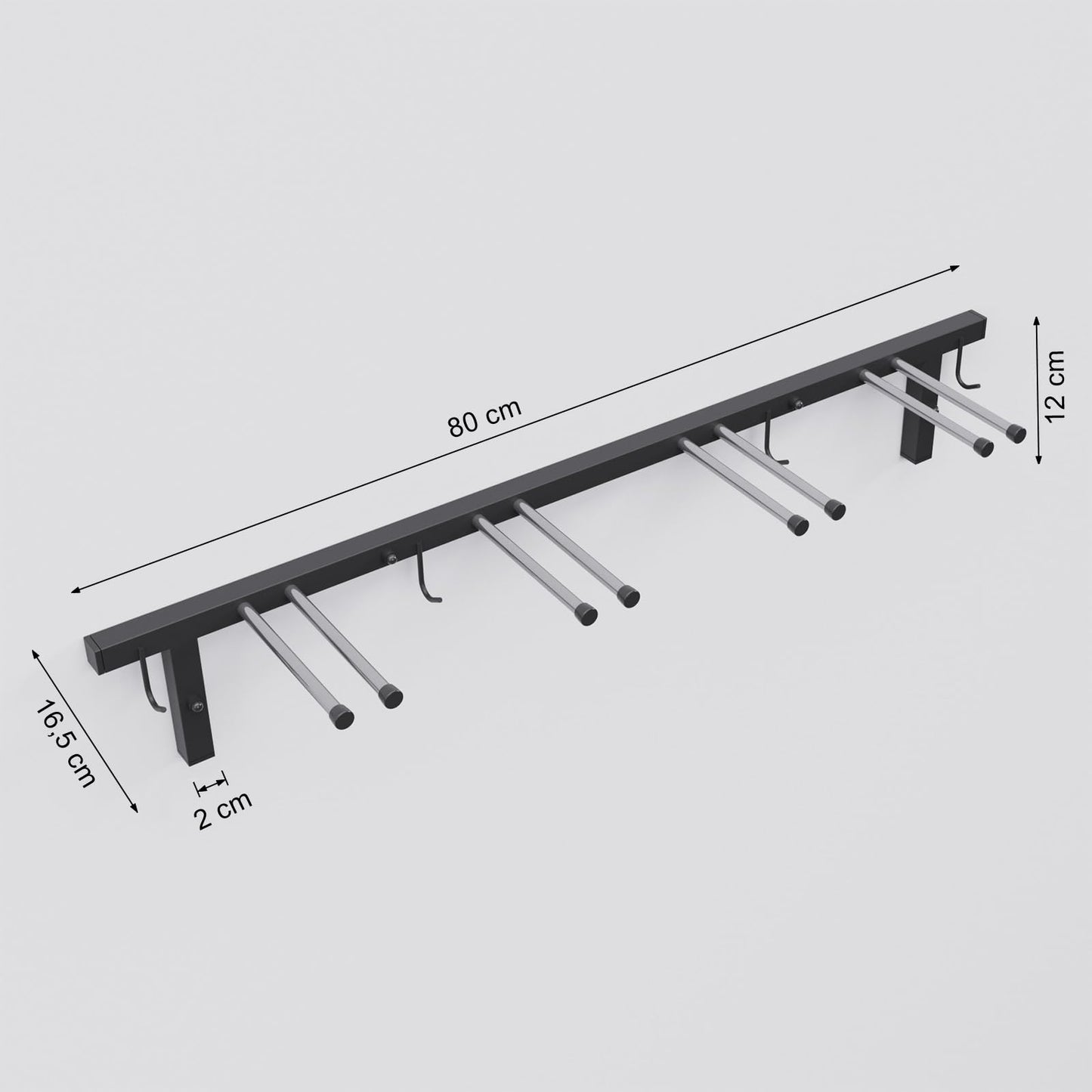 QLS Trading Ski Rack S3 Wall Ski Rack for 4 pairs 83 cm Nordic Walking Trekking Poles Ski Carrier Hook Rail with protective rubber coating for space-saving storage