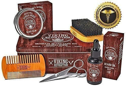 Viking Revolution Beard Care Kit for Men - Ultimate set with 100% boar bristle beard brush, wooden beard comb, beard balm, beard oil, mustache & beard scissors - Gifts For Men - Sandalwood