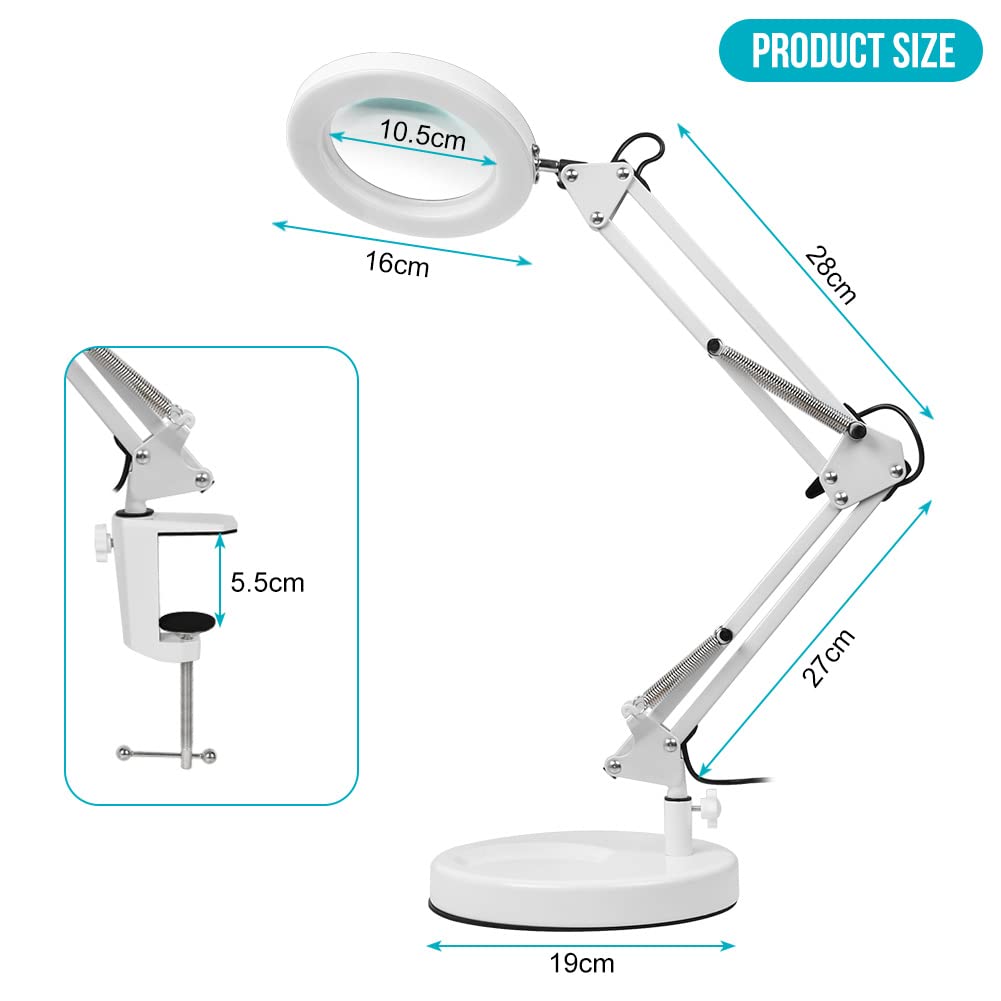 LED magnifying lamp, workplace light, 8 diopter magnifier with light - with clamp & stand, swivel arm, dimmable, 3 color modes, magnifier for reading, crafting - 8x magnification (white)