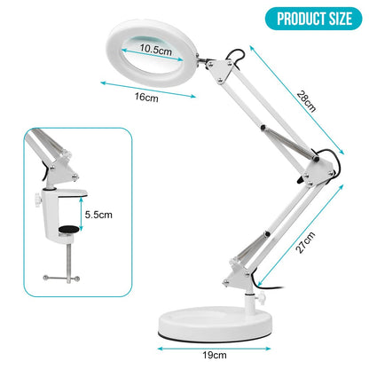 LED magnifying lamp, workplace light, 8 diopter magnifier with light - with clamp & stand, swivel arm, dimmable, 3 color modes, magnifier for reading, crafting - 8x magnification (white)