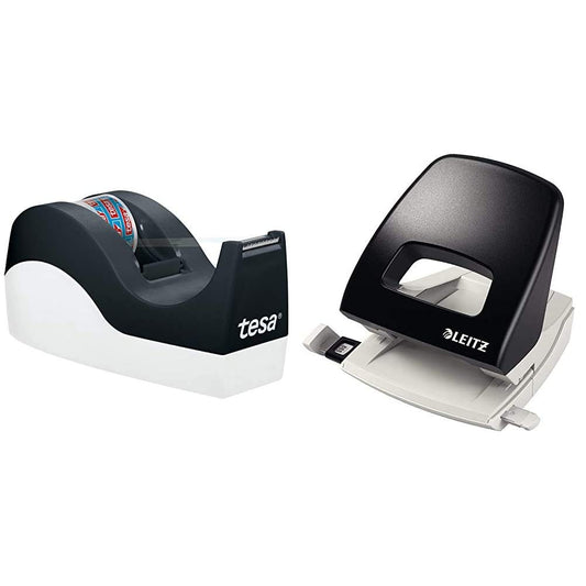 tesa Easy Cut Orca desk dispenser (non-slip, clean cut with 1 roll of tesafilm crystal-clear 10m:19mm) & Leitz NeXXt hole punch, 25 sheets, paper guide with measurements, Metal, Black