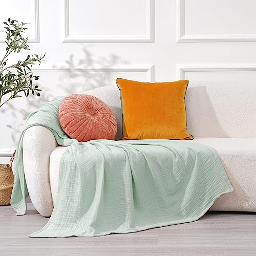 100% cotton muslin blanket 130x150cm, 4-layer soft skin-friendly & breathable bedspread, year-round comfort sage green sofa throw couch cover for bed sofa, Matcha green