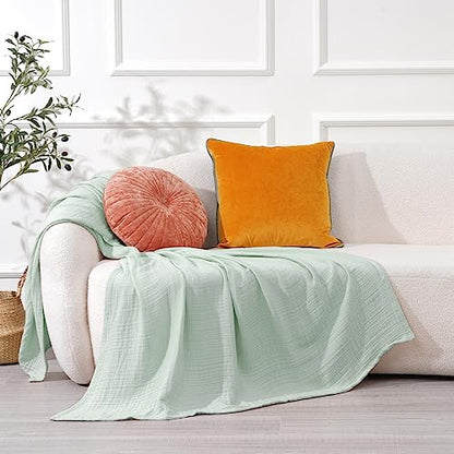 100% cotton muslin blanket 130x150cm, 4-layer soft skin-friendly & breathable bedspread, year-round comfort sage green sofa throw couch cover for bed sofa, Matcha green