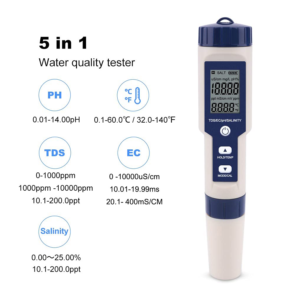 Meichoon 5 in 1 TDS/EC/pH/Salinity/Temperature Meter Digital Water Quality Tester for Hydroponics Aquariums Pools Drinking Water DH12