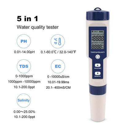 Meichoon 5 in 1 TDS/EC/pH/Salinity/Temperature Meter Digital Water Quality Tester for Hydroponics Aquariums Pools Drinking Water DH12