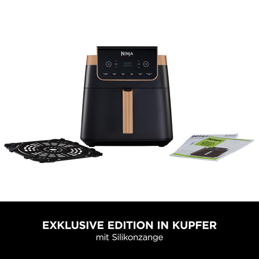 Ninja Max Pro Hot Air Fryer, 6.2L, oil-free, large drawer, roast, bake, air fry, non-stick coated, dishwasher-safe basket & crisper grid insert, silicone tongs, black/copper, AF180EUCP