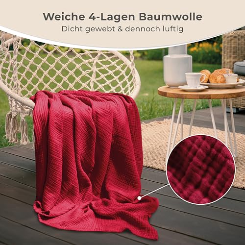 LAYNENBURG Premium Muslin Daybed 180x220 cm - 100% cotton - extra soft cotton blanket as a cuddly blanket, bedspread, sofa throw, couch throw - warm sofa blanket (Bordeaux)