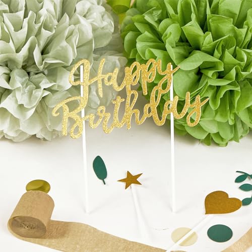 EASY JOY Sage green party decorations, Golden Happy Birthday banner, sage green and gold balloons, tissue paper pompons, olive green confetti dots decor, Neutral birthday party accessories.