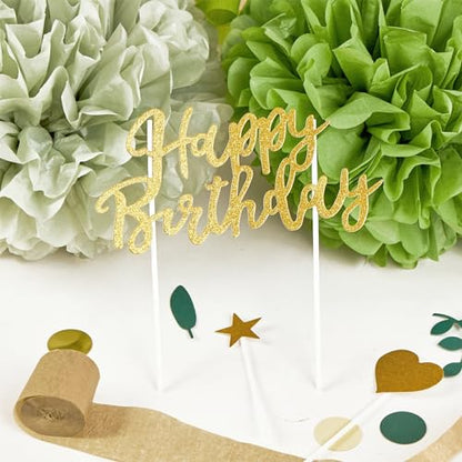 EASY JOY Sage green party decorations, Golden Happy Birthday banner, sage green and gold balloons, tissue paper pompons, olive green confetti dots decor, Neutral birthday party accessories.