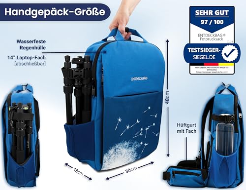 DISCOVERBAG Women's Camera Backpack Anti-Theft [with Hip Belt] 14” Laptop Compartment Camera Backpack for DSLR Cameras (Blue Dandelion)