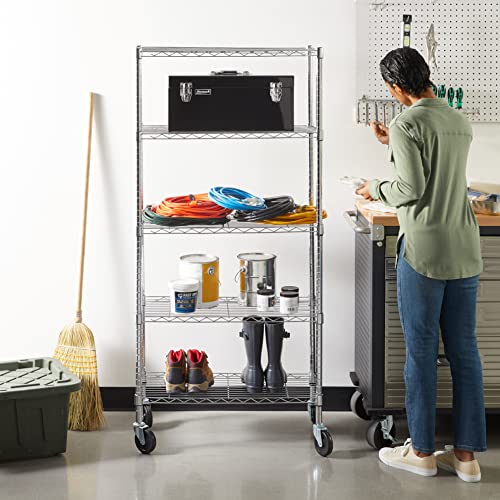 Amazon Basics 5-Shelf Storage Unit, Medium on 4-inch casters with adjustable shelves and leveling feet, max. 1,500 lbs, Chrome, 14 x 30 x 65 inches (D x W x H)