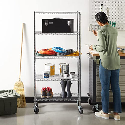 Amazon Basics 5-Shelf Storage Unit, Medium on 4-inch casters with adjustable shelves and leveling feet, max. 1,500 lbs, Chrome, 14 x 30 x 65 inches (D x W x H)