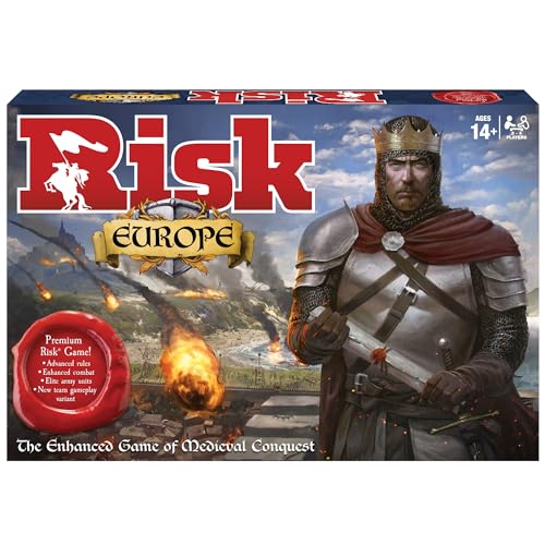 Winning Moves Risk game, Medieval European strategy, 2-4 players, Ages 14+, Blue.