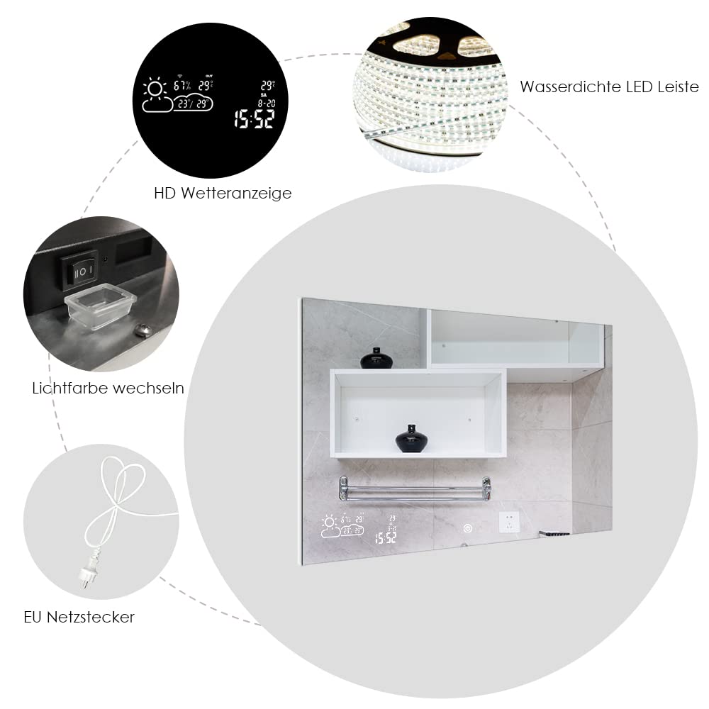 Goodbye cold LED bathroom mirror anti-fog 100x60CM, fog-free bathroom mirror with touch switch, wall mirror light mirror with date, smart mirror & integrated weather station, horizontal.