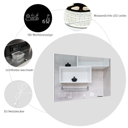Goodbye cold LED bathroom mirror anti-fog 100x60CM, fog-free bathroom mirror with touch switch, wall mirror light mirror with date, smart mirror & integrated weather station, horizontal.