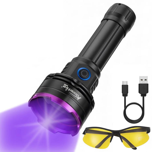 Alonefire SV83 20W 365nm UV flashlight USB rechargeable - Blacklight pet urine detector, resin/money detector, fishing, scorpion, amber, minerals - With UV protective glasses, battery included