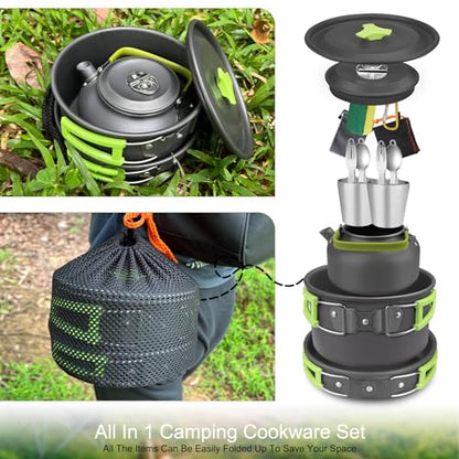 AUTOPkio Camping Cookware Set, 14-Piece Camping Pots Outdoor Cooking Pot with 0.8L Teapot 2 Cups Foldable Utensils Aluminum Picnic Pot for 2-3 People Hiking BBQ (Set with Cups)