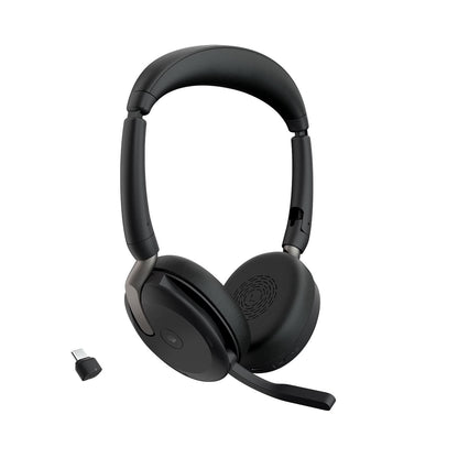 Jabra Evolve2 65 Flex - Stereo Bluetooth headset with wireless charging pad, noise-cancelling Jabra ClearVoice technology, and hybrid ANC - certified for MS Teams - Black.