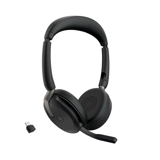 Jabra Evolve2 65 Flex - Stereo Bluetooth headset with wireless charging pad, noise-cancelling Jabra ClearVoice technology, and hybrid ANC - certified for MS Teams - Black.