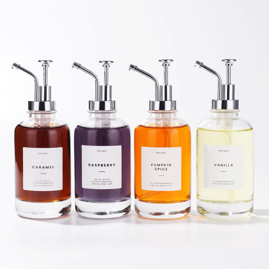 MoliMoli coffee syrup dispenser for coffee bar, coffee pump dispenser, glass syrup bottle with pump, maple/coffee syrup bottles, syrup dispenser 4-piece set, with labels, silver.