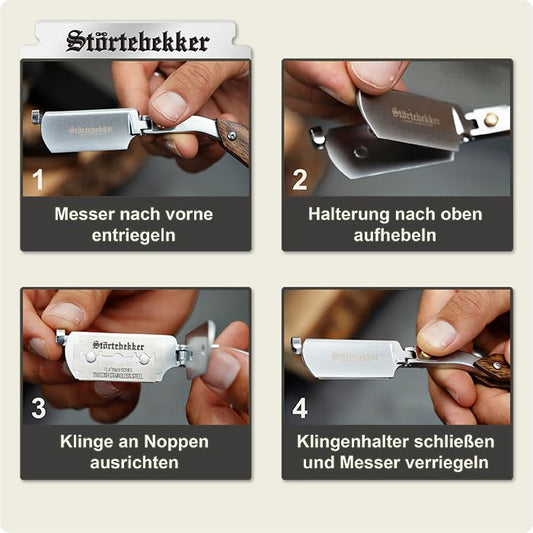 Störtebekker® premium straight razor with wooden handle in handmade leather case (black) including alum stick & shaving guide [+ 10 blades] - gift idea - straight razor set - wet shaving set - shaving kit