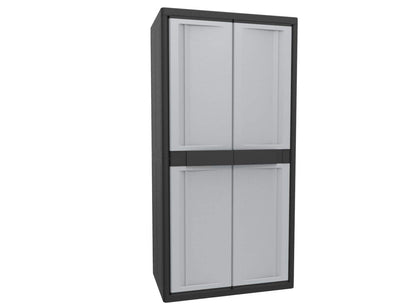 Kreher XXL plastic utility cabinet with a solid bottom, narrow shelves, and open compartment for bulky items. Features lockable doors. Dimensions WxDxH in cm: 89.7 x 53.7 x 180 cm.