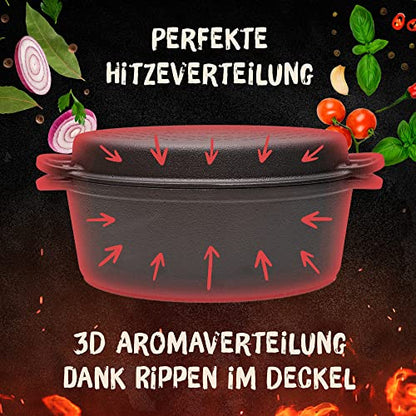 FLAVEMOTION cast iron pot with lid as a grill pan, 30cm, oval, 6.5kg, bread baking, stew pot - roaster & grill pan induction compatible, accessories