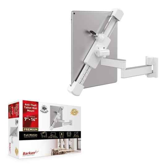 Barkan Lockable Tablet Mount Holder for 8.7-12 inch devices, with anti-theft feature, full motion articulating, 360 degree rotation. Compatible with Apple iPad/Air/Mini and Samsung Galaxy tablets.