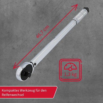 UNITEC torque wrench, adjustable from 40 to 210 Nm, 1/2" square drive, with sockets 17/19 mm and extension, silver