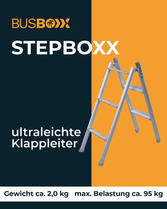 Camping folding ladder stepBOXX - Foldable ladder for VW T5, T6, T6.1 - Aluminum, extremely light and stable - for pop-top roof or roof box