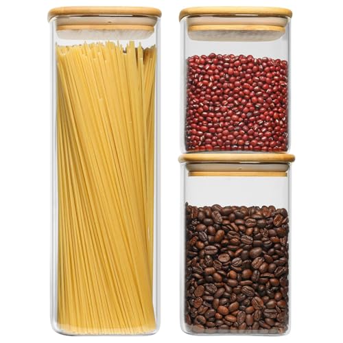 ComSaf 800ml/1100ml/2100ml Glass Food Storage Containers with Lid 3-Pack, Φ10cm. Airtight glass jars with lids for kitchen ingredients. Square glass containers for pasta, flour, cereal, sugar.