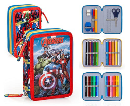Clondo pencil case 44 pieces, for Avengers fans, pencil case, pencil case for stationary, pen case with pens, ballpoint pen, kids, girls & boys, 3 compartments